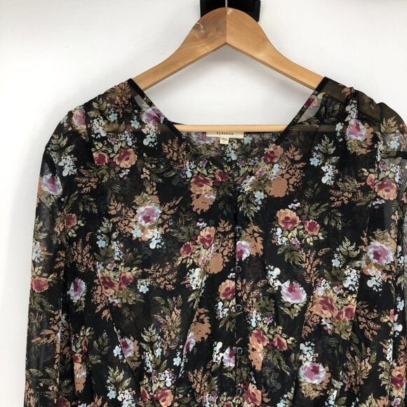 Pleione  Black Floral Peasant Tunic sheer balloon sleeve blouse LG - Picture 5 of 16